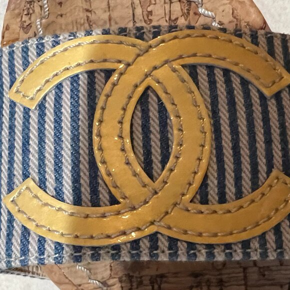 CHANEL Resort Cork Wedges Blue Striped Yellow CC Ankle Strap Shoes 36 6 - Picture 2 of 16